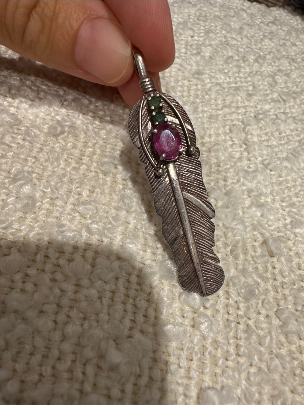 Silver Feather Pendant with Pink and Green Stones